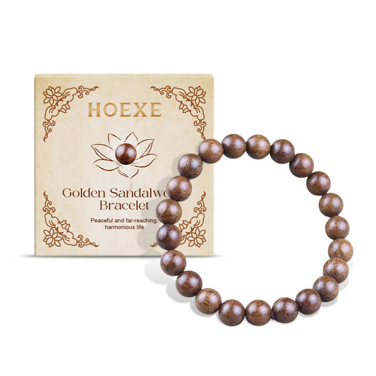 Wooden beaded bracelet with 'HOEXE' packaging on a white background