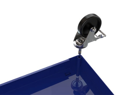 Blue plastic tray with a black caster wheel on a white background