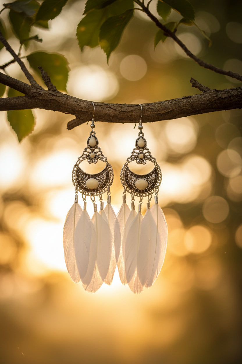 Pair of earrings with crescent moon designs and white feathers on a white background