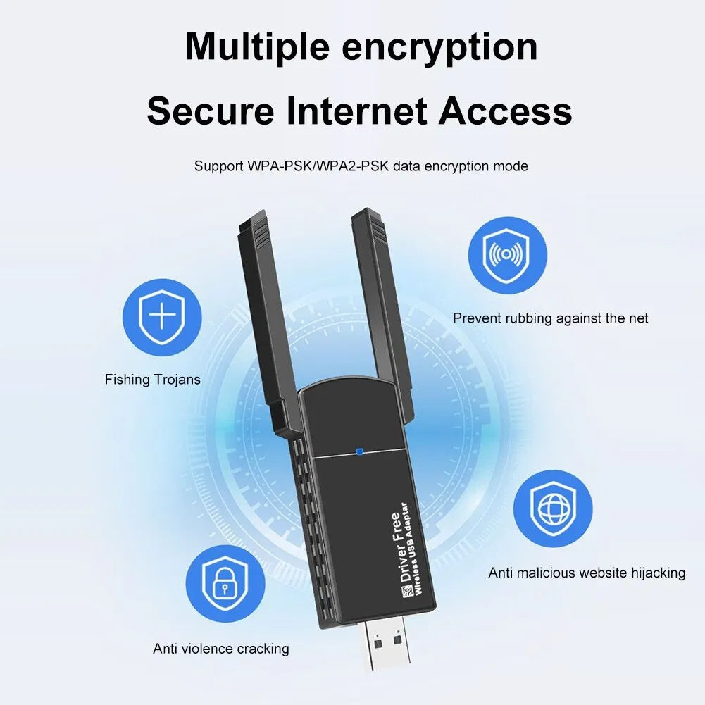 Wireless router with security features on a blue background