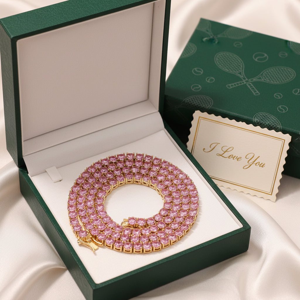 Pink gemstone necklace on a dark wooden surface