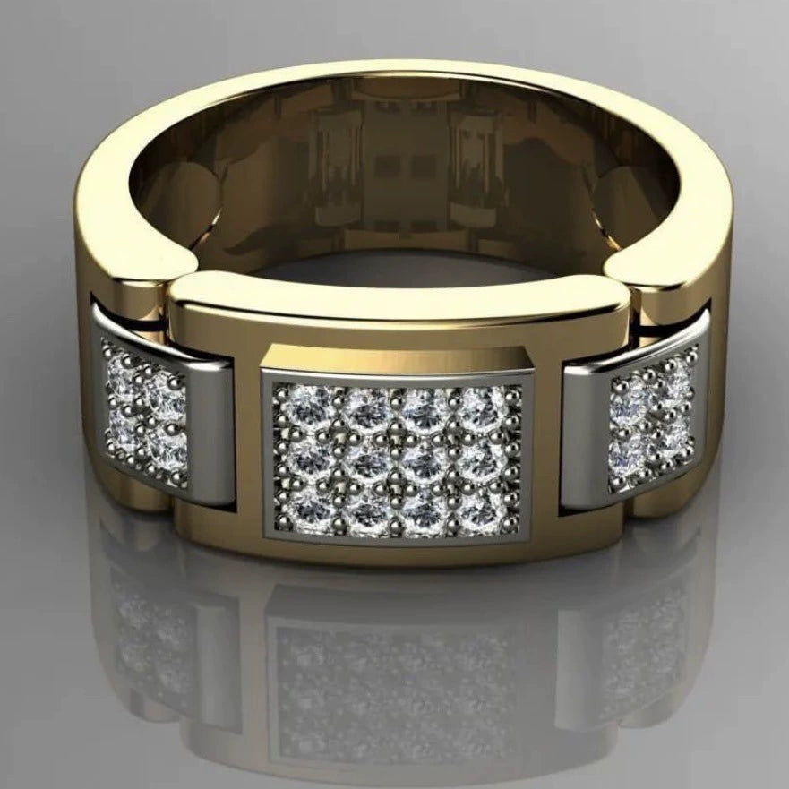 Gold ring with diamond accents on a reflective surface