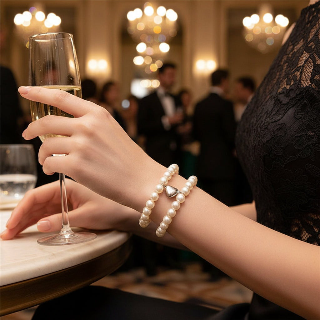Pearl bracelet with a silver clasp on womans wrist