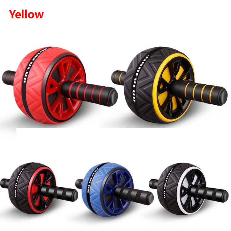 Set of red, black, blue, and yellow ab wheel exercise tools on a white background.