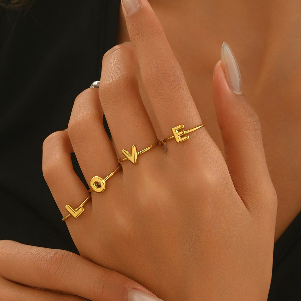 Lxalry 18K Gold Plated Stainless Steel Initial Ring
