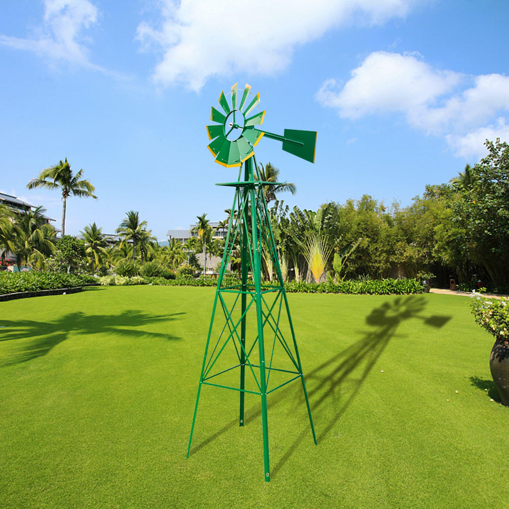 8 Ft Weather-Resistant Garden Windmill – Green Iron Yard Spinner with 22 In Wheel