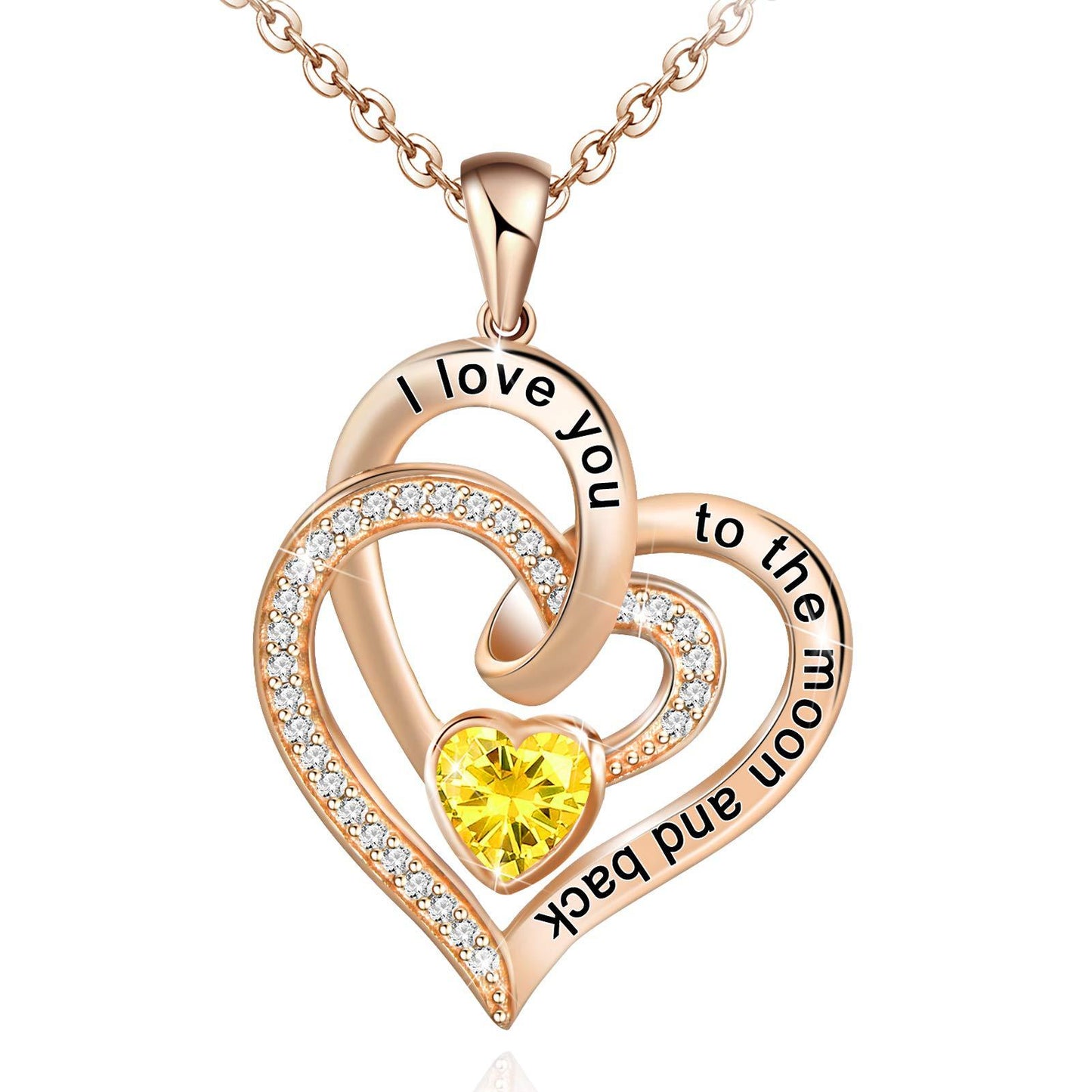 Birthstone Rose gold heart-shaped pendant with yellow gemstone and engraved text on a white background