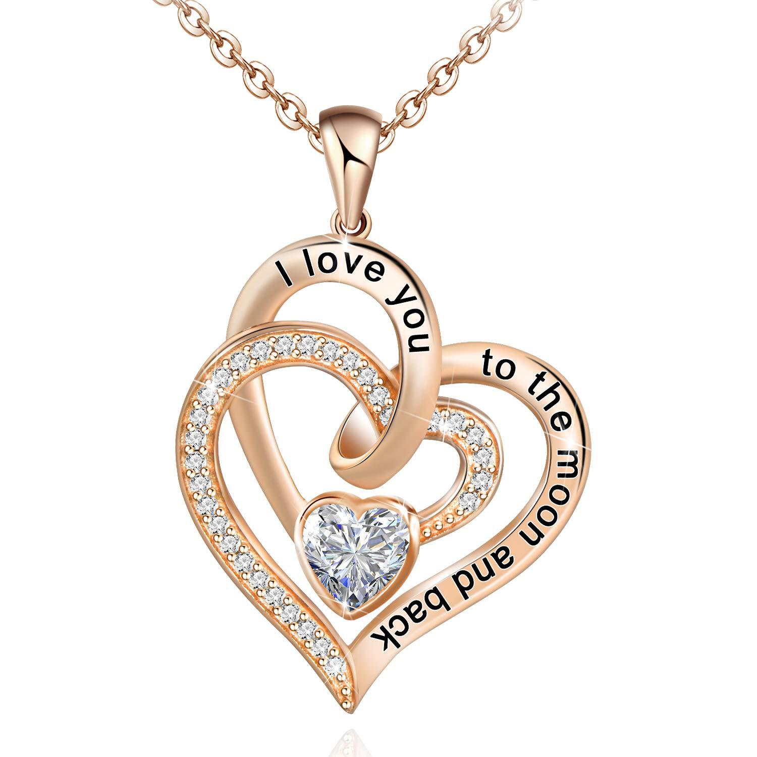 Birthstone Rose gold heart-shaped pendant with 'I love you to the moon and back' engraving on a white background