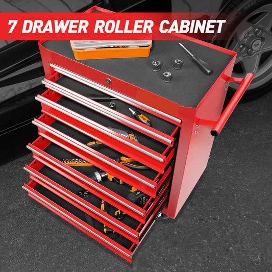 Red 7-drawer roller cabinet with tools on a black surface, likely a garage or workshop setting.