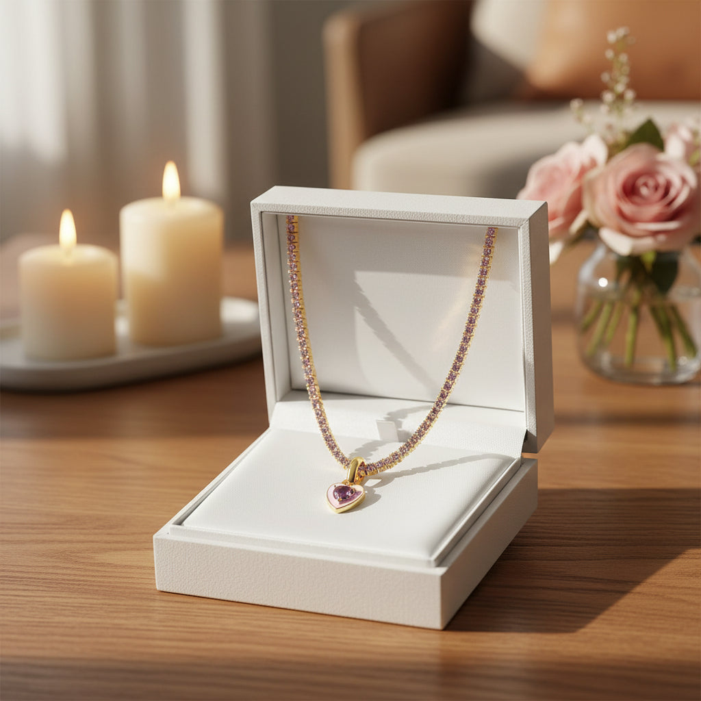 Necklace with a heart-shaped pendant featuring a purple gemstone on a white background