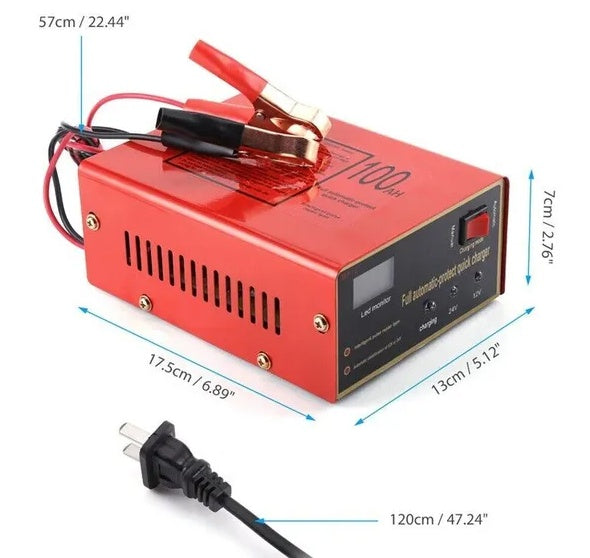 Red battery charger with dimensions and plug on a white background