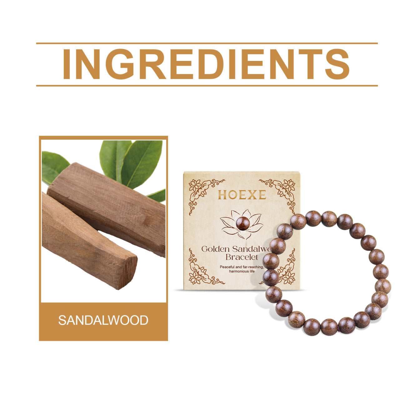 Ingredients of a sandalwood bracelet including sandalwood sticks, a box labeled 'HOEXE', and a bracelet on a white background.