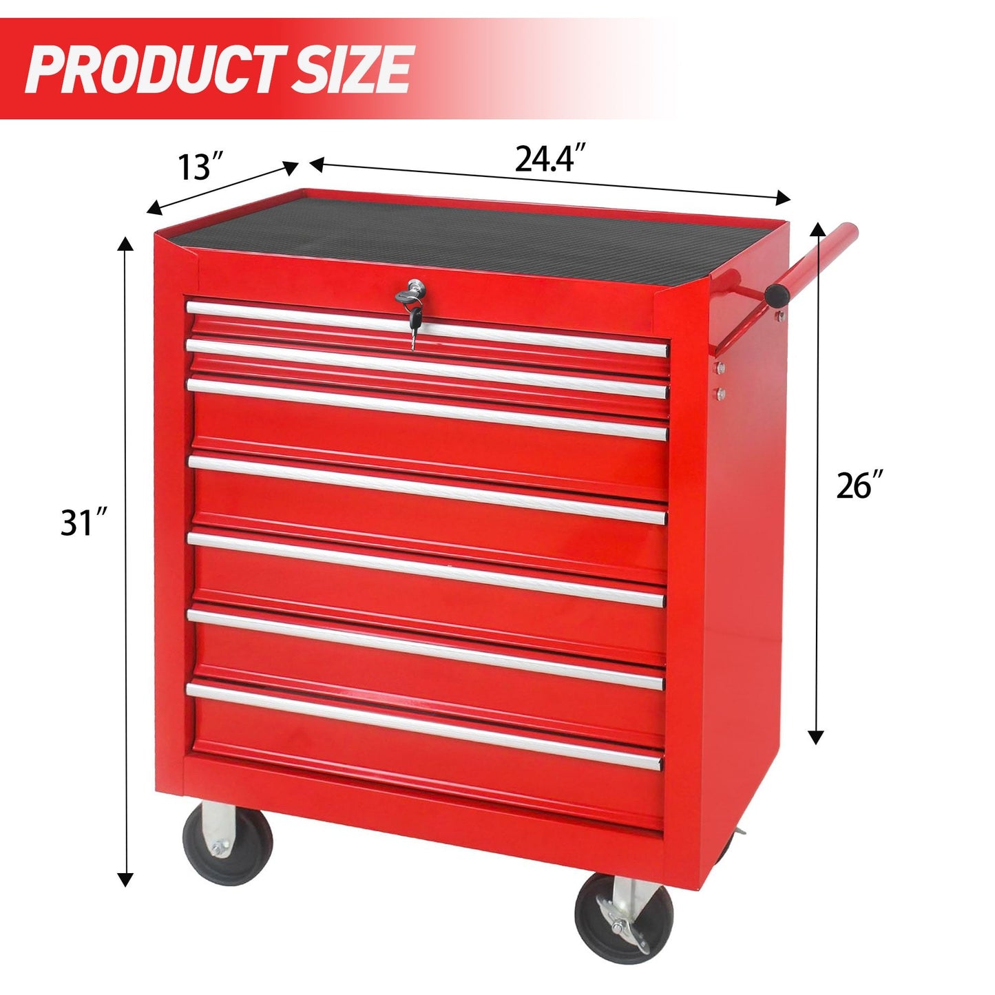 Red tool cart with dimensions labeled on a white background