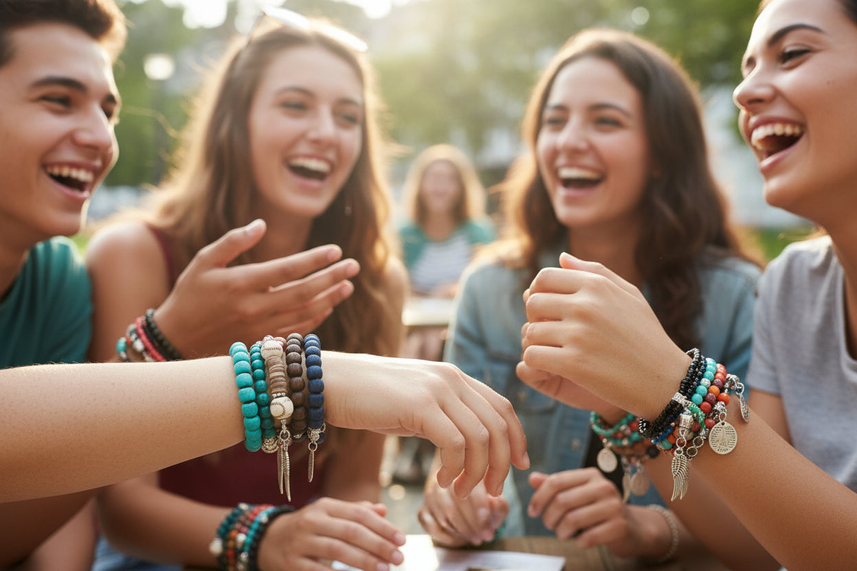 People wearing a Set of beaded bracelets with charms 