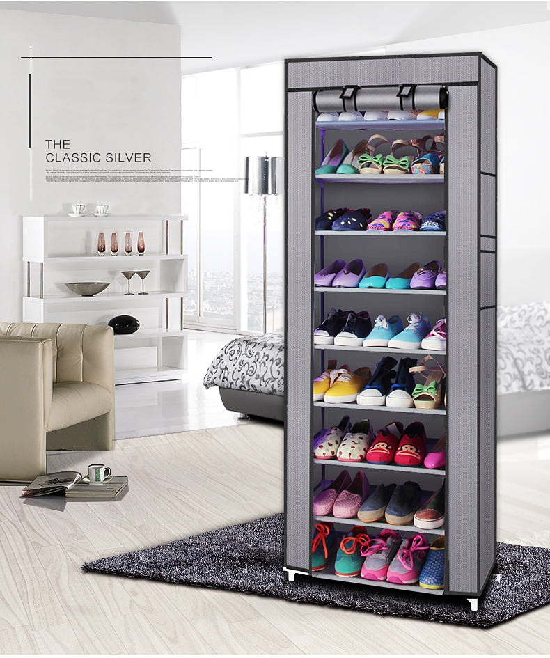 Shoe cabinet with colorful shoes on a wooden floor in a room setting from Nested Wisdom