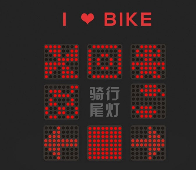 “LED screen sample icons for turn arrows, brake, and I ♥️ BIKE pattern”