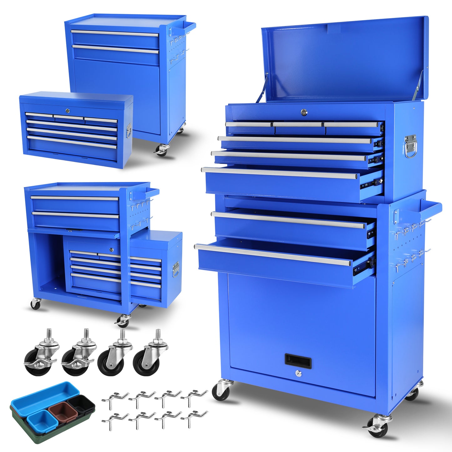 Blue tool chest with multiple drawers and wheels on a white background