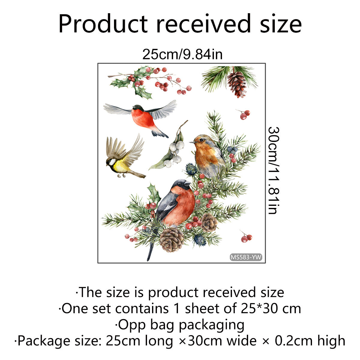 Product received size chart with birds and foliage design, dimensions, and packaging details.