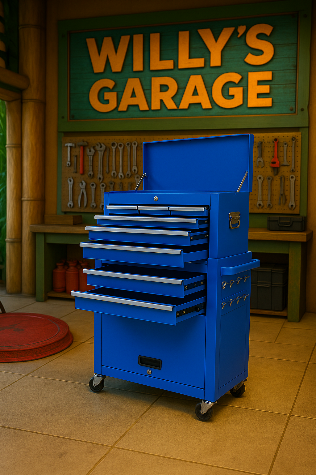 Blue toolbox with 'Willy's Garage' sign in the background