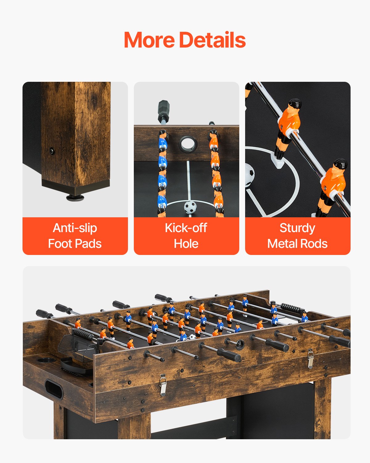 Foosball table with features highlighted on a white background
