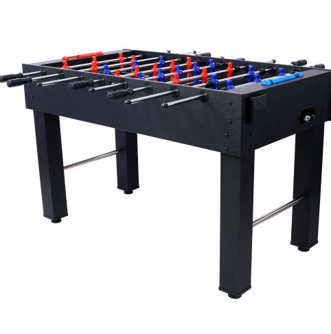 Black Foosball table with red, blue, players on a white background
