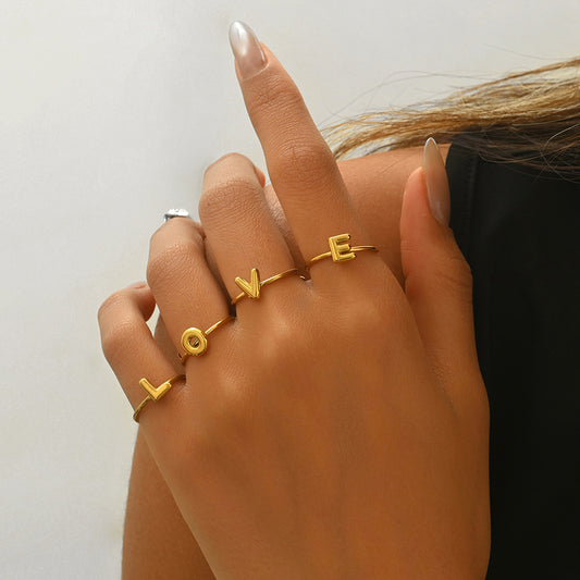 Lxalry 18K Gold Plated Stainless Steel Initial Ring