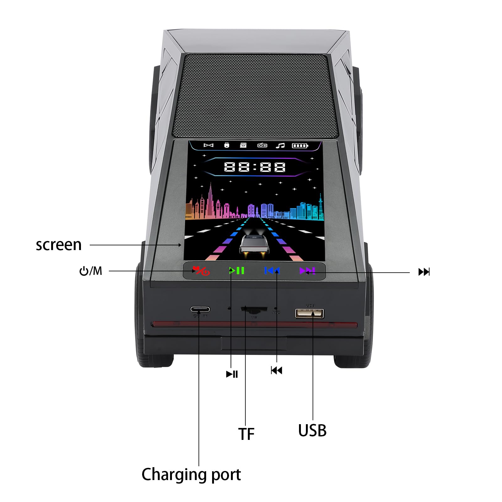 Top-down view of a portable music player with labeled components on a white background from Nested Wisdom