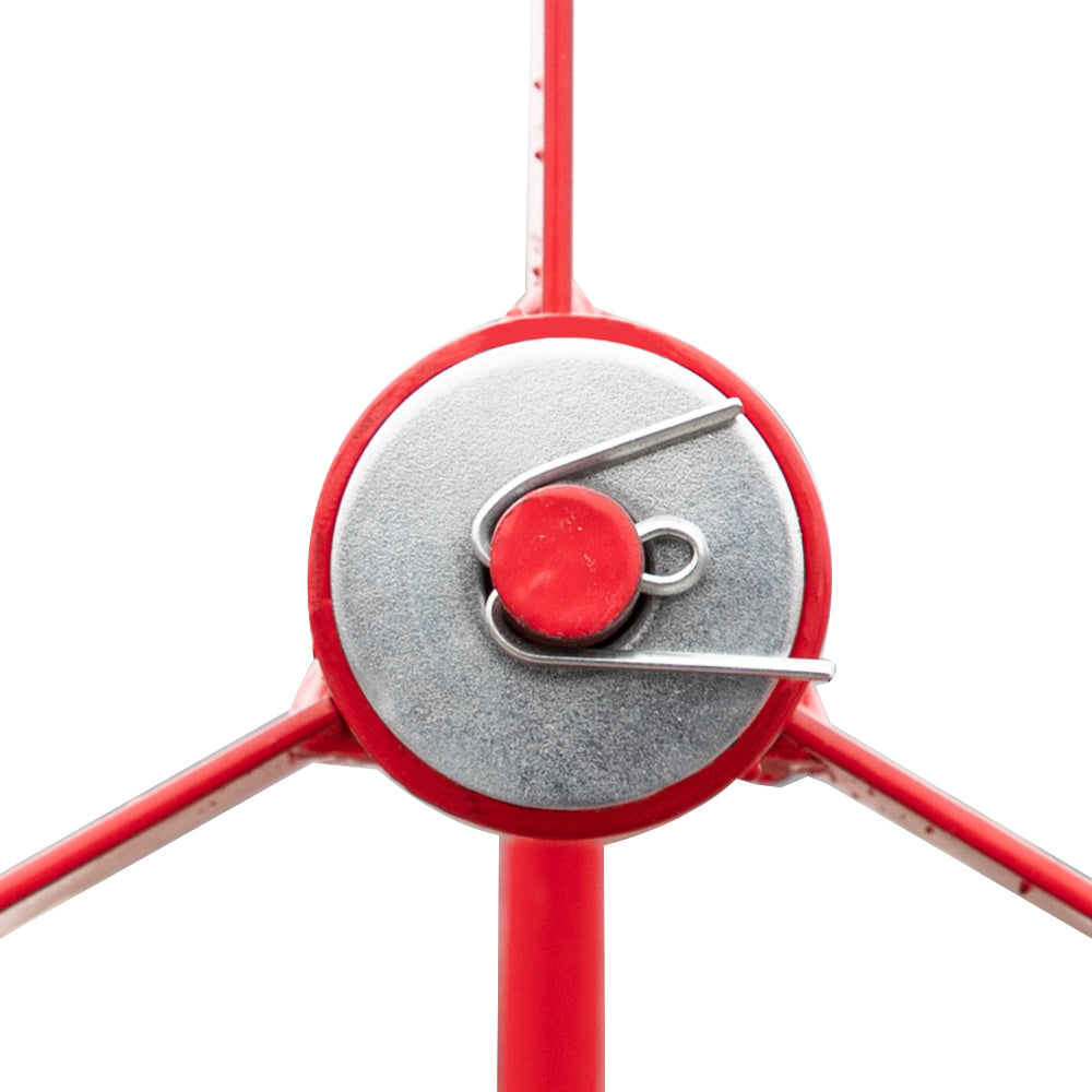 Close-up of a red and silver mechanical component on a white background