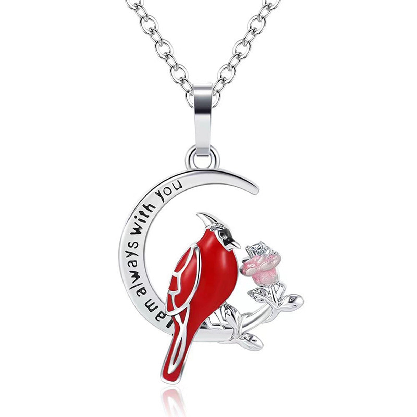 Necklace with a red bird and pink flower pendant on a white background