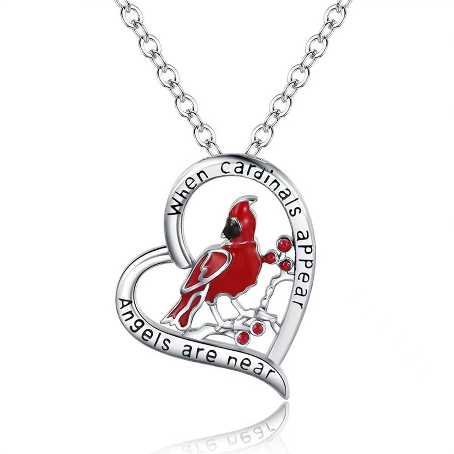 Necklace with a red cardinal pendant and heart design on a white background