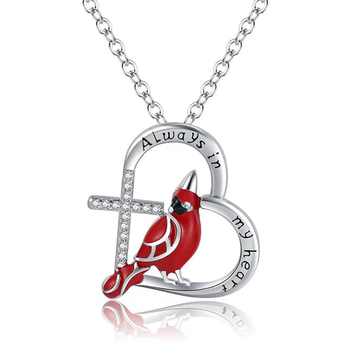 Silver necklace with a red bird pendant and 'Always in my heart' text on a white background
