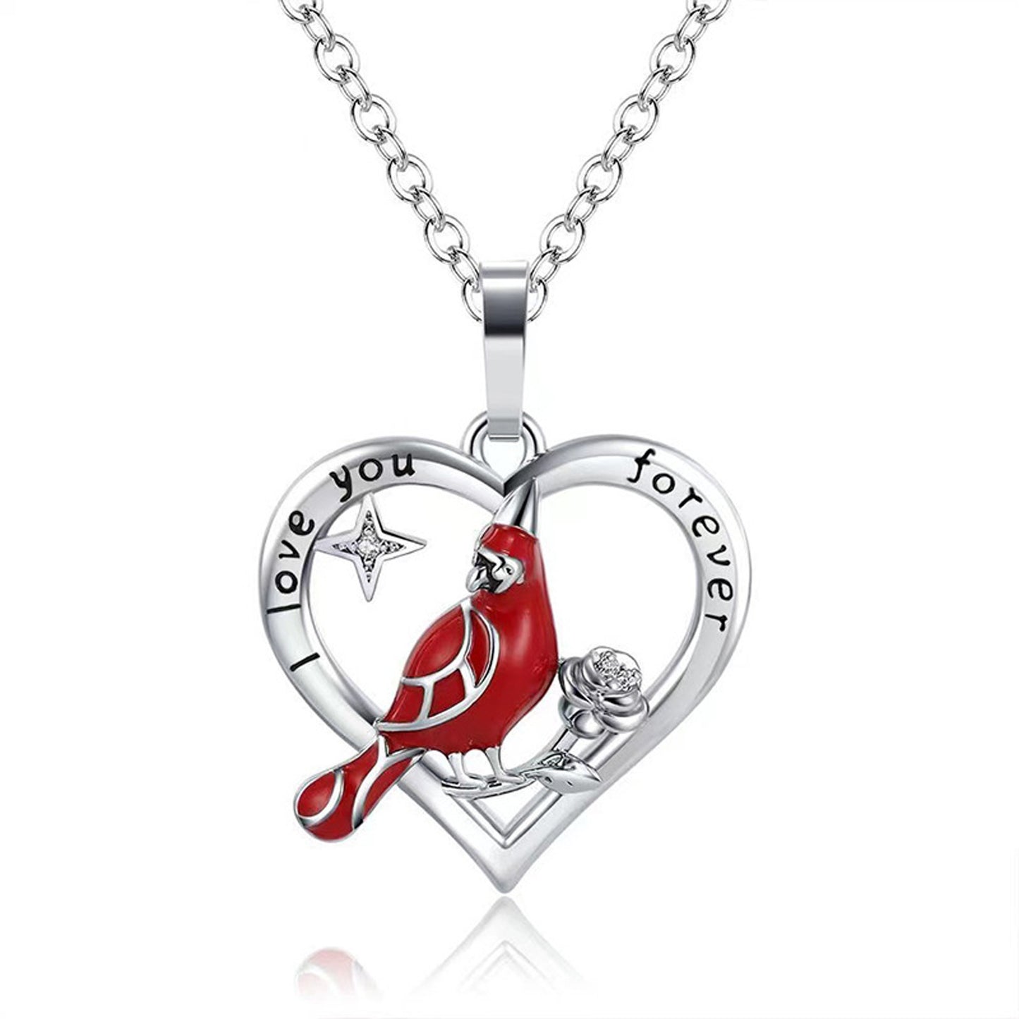 Heart-shaped pendant with a red bird design and 'I love you forever' text on a white background