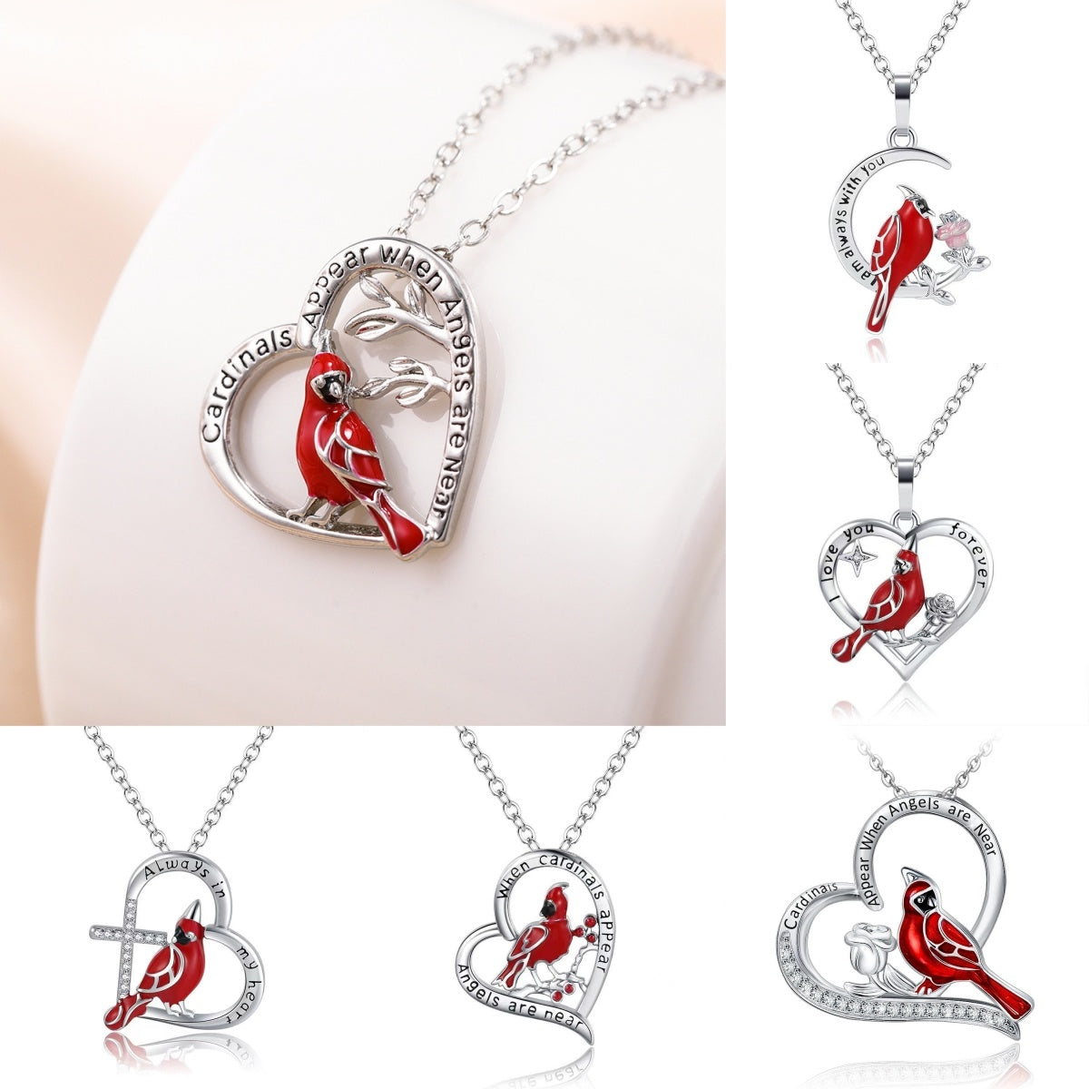 Heart-shaped pendant with red bird design on a white background