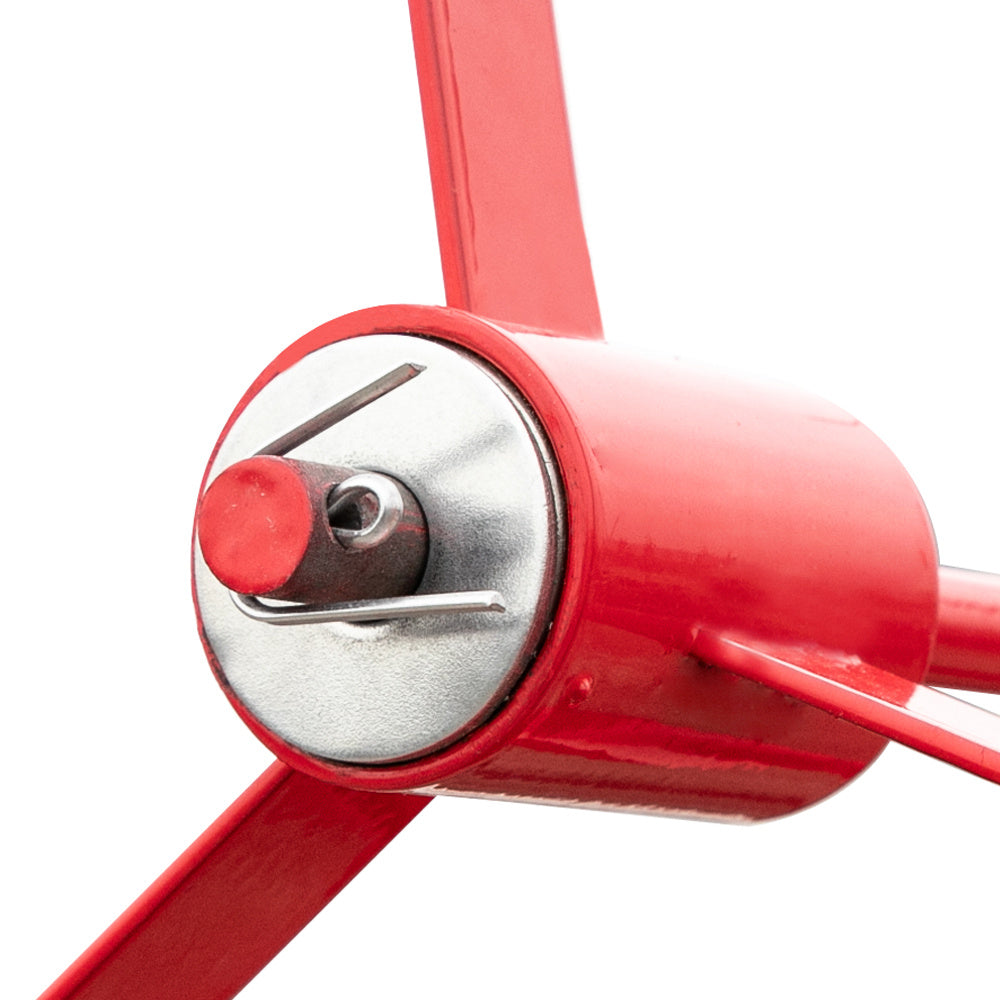 Close-up of a red and silver propeller on a white background