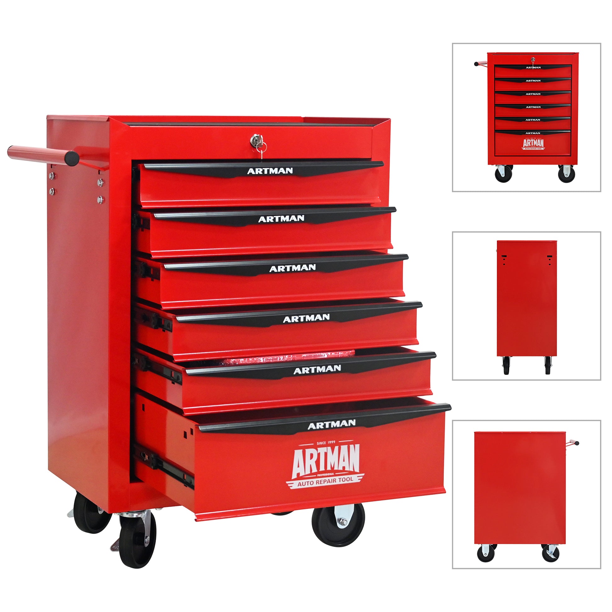 Red Artman tool chest with multiple drawers on a white background