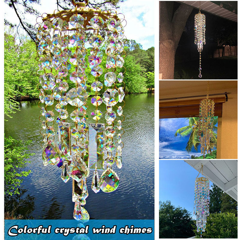 Colorful crystal wind chimes hanging in various outdoor settings.