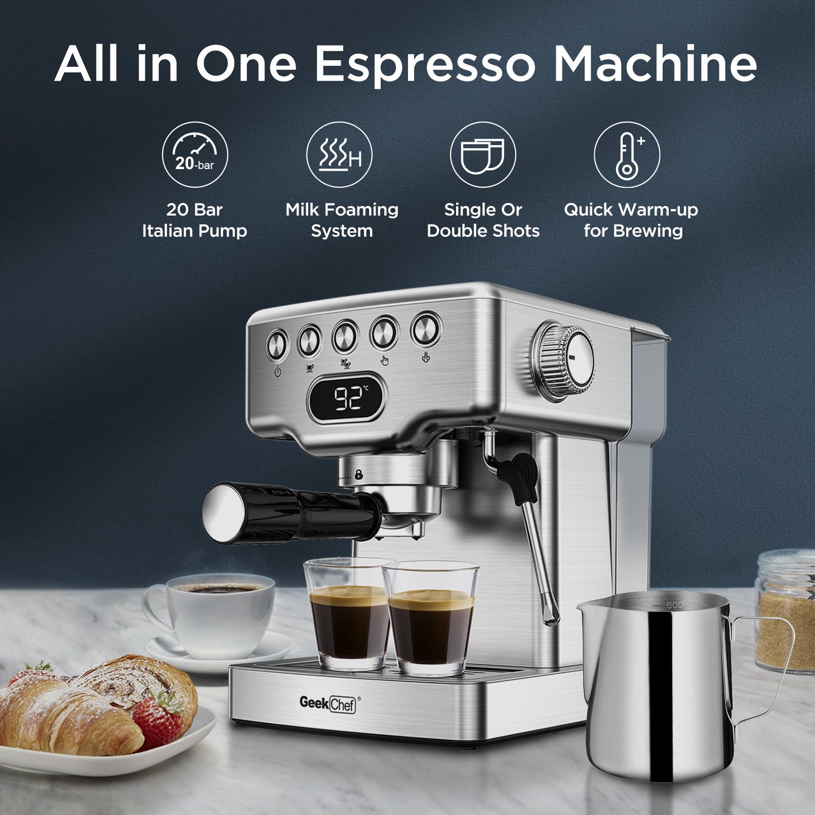 Geek Chef espresso machine with features listed on a dark background