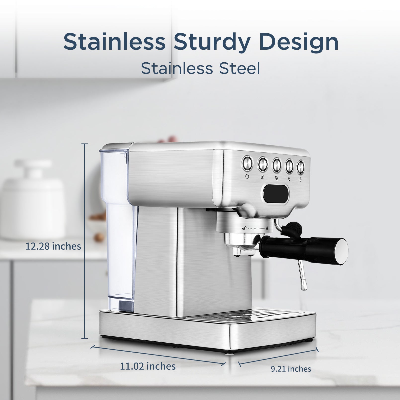 Stainless steel espresso machine with dimensions labeled on a white background