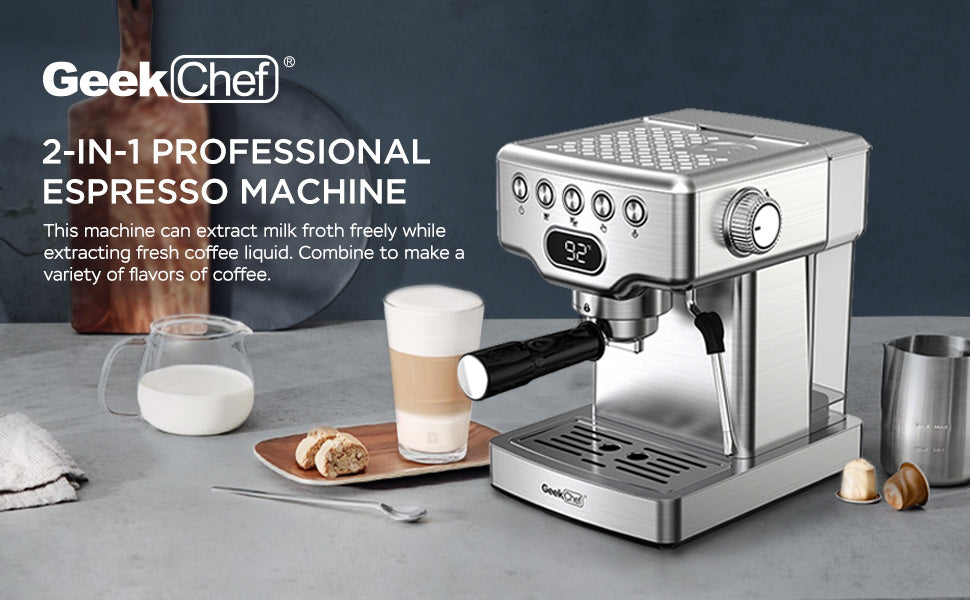 GeekChef 2-in-1 professional espresso machine on a gray surface with coffee accessories.
