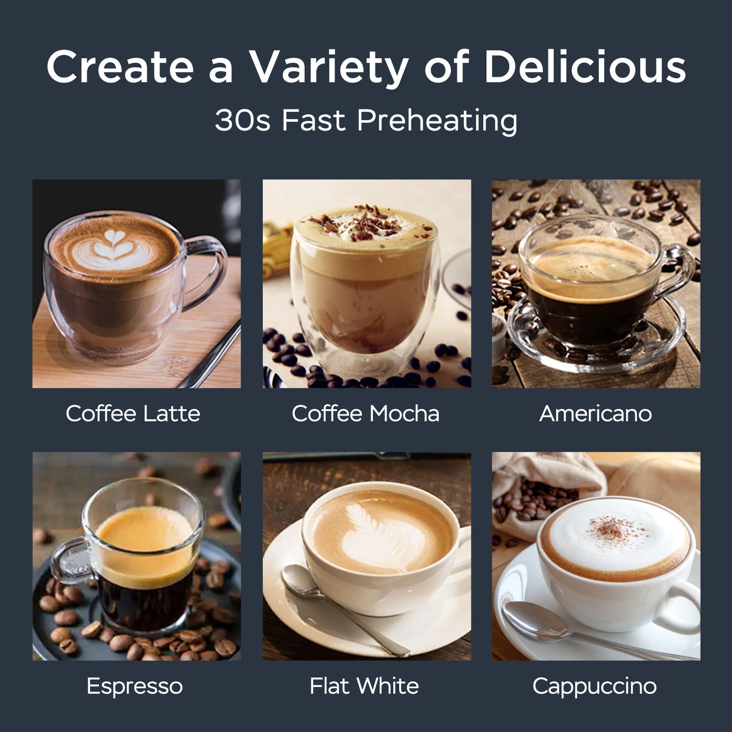 Collage of various coffee drinks with text about preheating time.