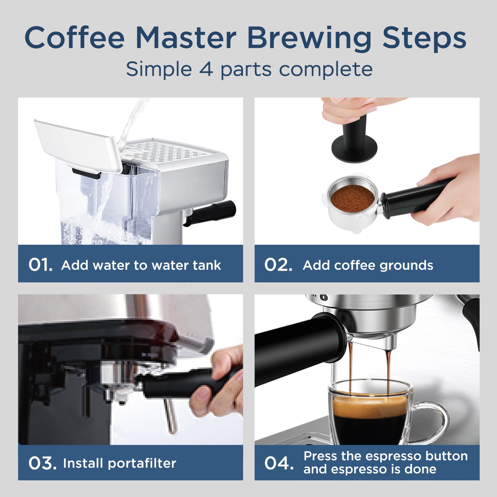Step-by-step guide to brewing coffee using a coffee machine.