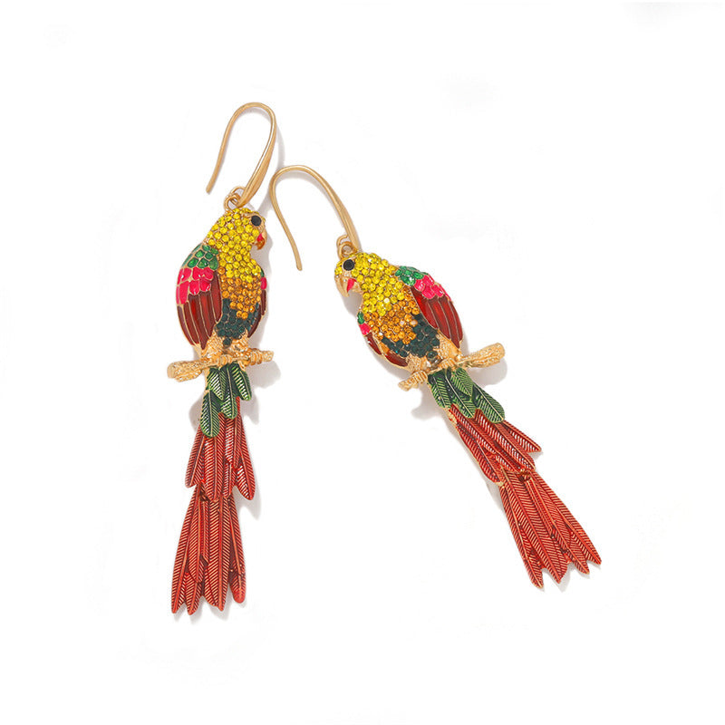 Colorful parrot-shaped earrings on a white background