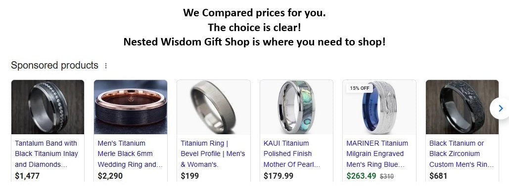 Product listings for titanium rings with brand names and prices on a webpage.