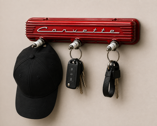 A red Corvette-branded wall hook rack with three silver metal pegs, shown holding a black baseball cap, a car key fob, and keys against a plain beige wall.