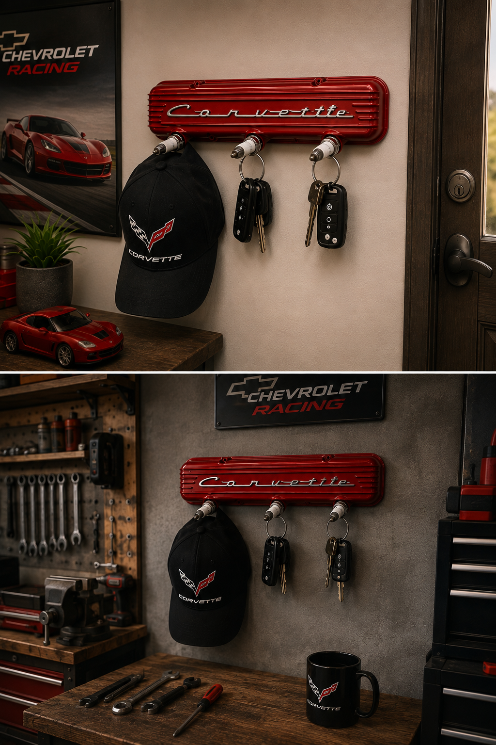 A red Corvette-branded wall-mounted key rack with three hooks, shown in a garage setting above a workbench. A black Corvette cap hangs on the left hook, and two sets of car keys hang on the right.