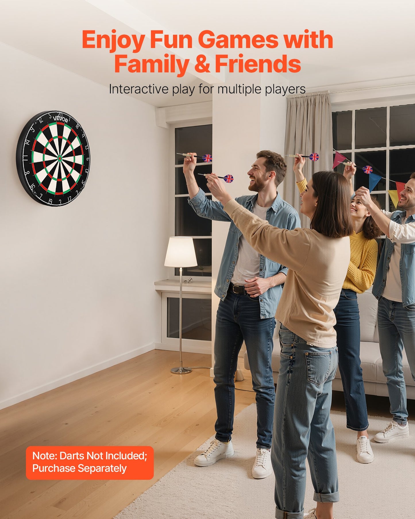 People playing darts in a living room with text about interactive games for family and friends from Nested Wisdom