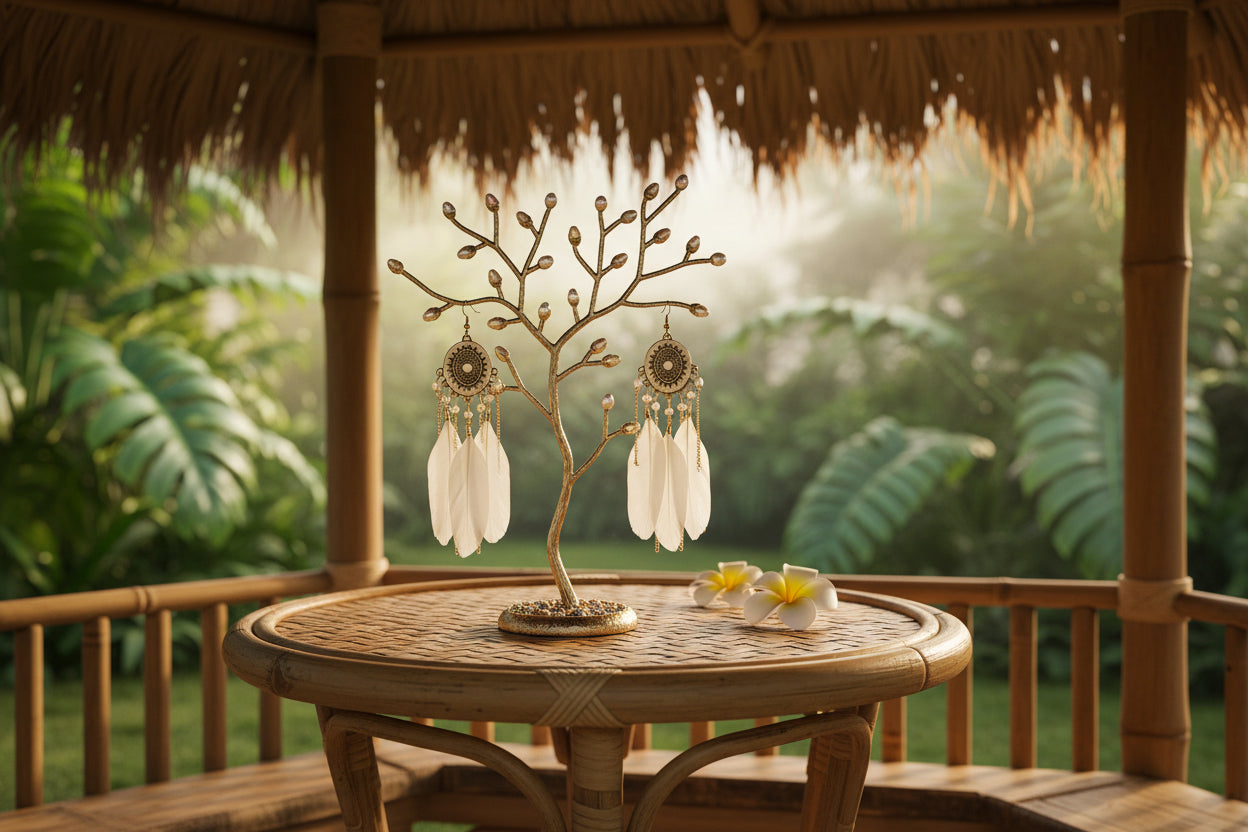 Pair of earrings with white feather-like pendants and gold chains 