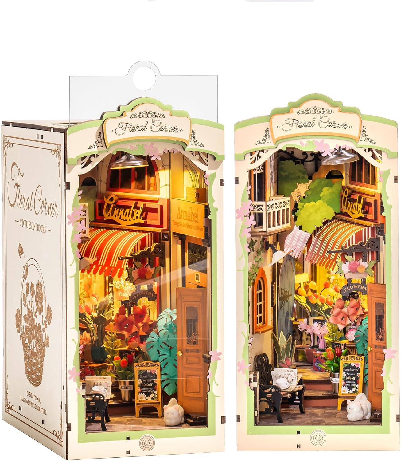 Model of a floral corner with detailed interior and exterior, displayed in packaging.