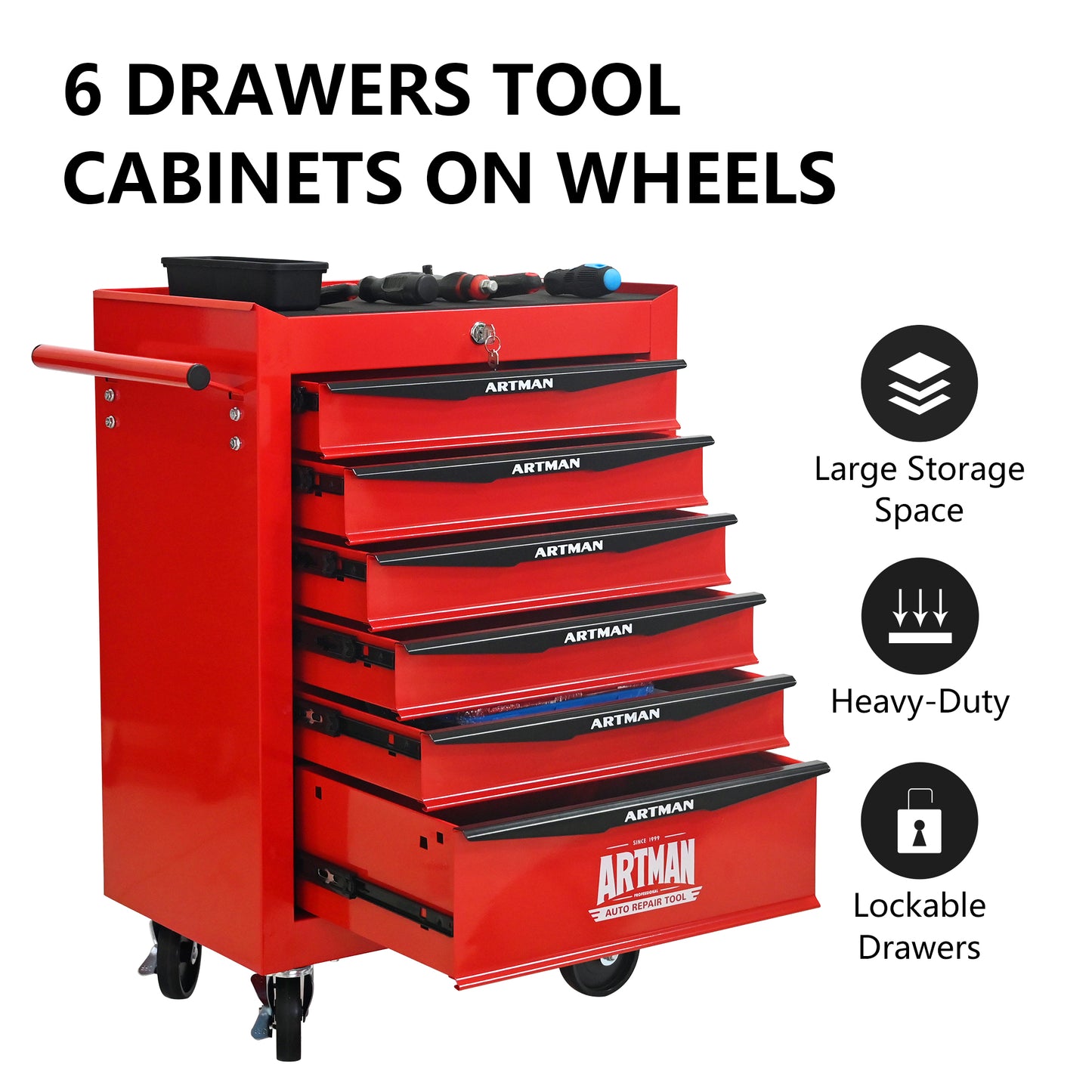 Red tool cabinet with six drawers on wheels, featuring Artman branding, on a white background.