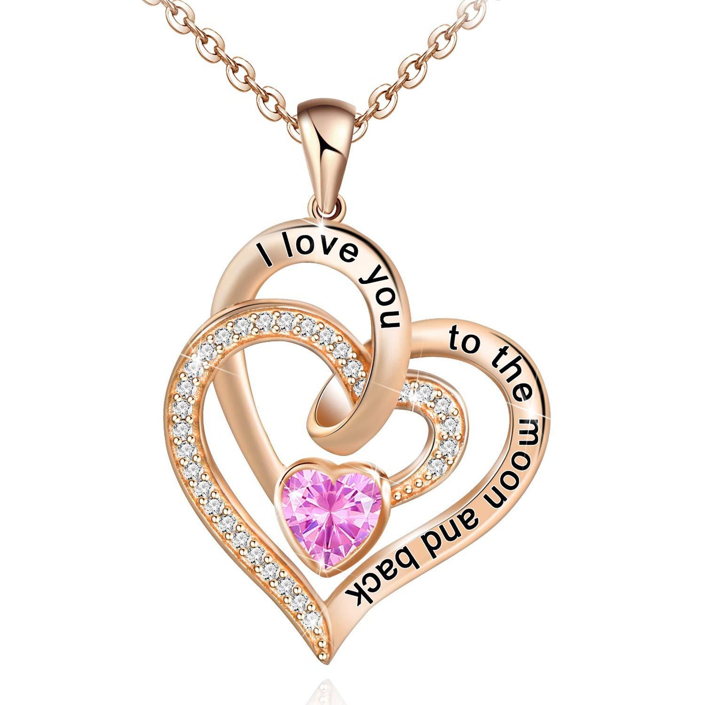 Birthstone Rose gold heart-shaped necklace with pink gemstone and engraved text on a white background